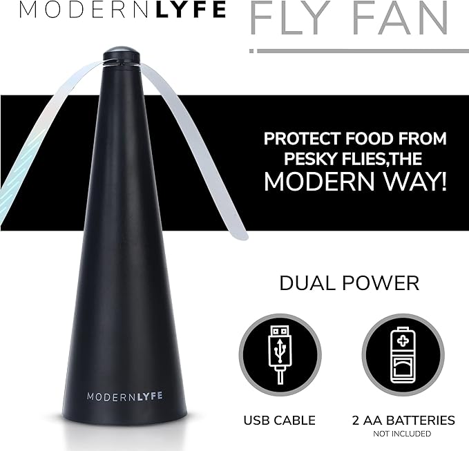 Fly Fans for Tables by Modern Lyfe - AA Battery & USB Powered - Fly Swatter Outdoor Camping Accessory Or for Food at Parties, Restaurants & Picnics, Bug Fan, Spinner Keeps Flies Away (1 Pack - Black)