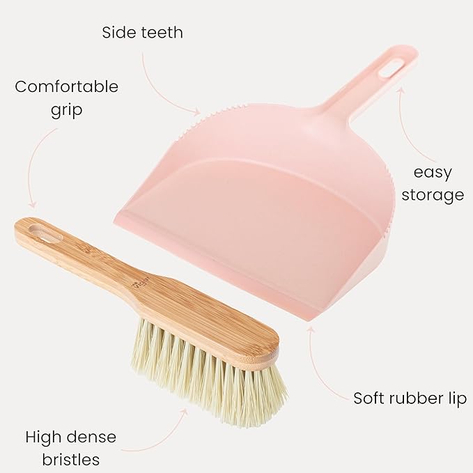 Vigar Zeroline Mini Bamboo Broom with Dustpan Combo Set, Small Dust Pan and Brush Set for Dust, Pet Hair, Car, and Crumb, House, Kitchen Broom, Pink