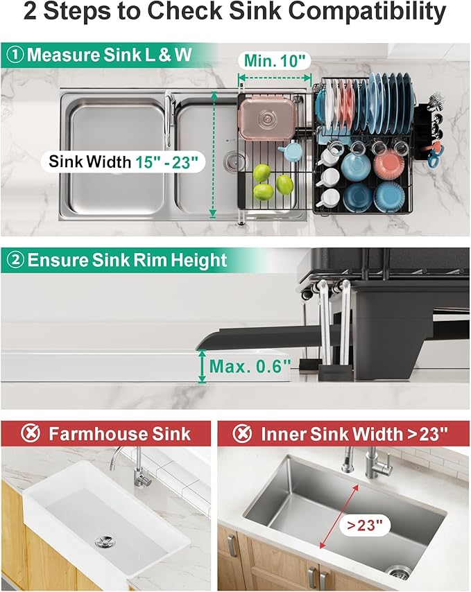 iSPECLE 2 Tier Dish Drying Rack for Kitchen Counter, Expandable Large Dish Drainer with Drainboard Set, Rust Resistant Dish Rack with Utensil & Cup Holder, 16.9" W x 14.4"-22.4" L, Black