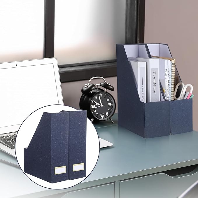 Gueevin Set of 6 Magazine File Holder Stylish Sturdy Cardboard File Boxes Desk Magazine Organizer Rack with Gold Label Holder to Organize Your Desk or Shelves for Home Classroom Office Library(Blue)