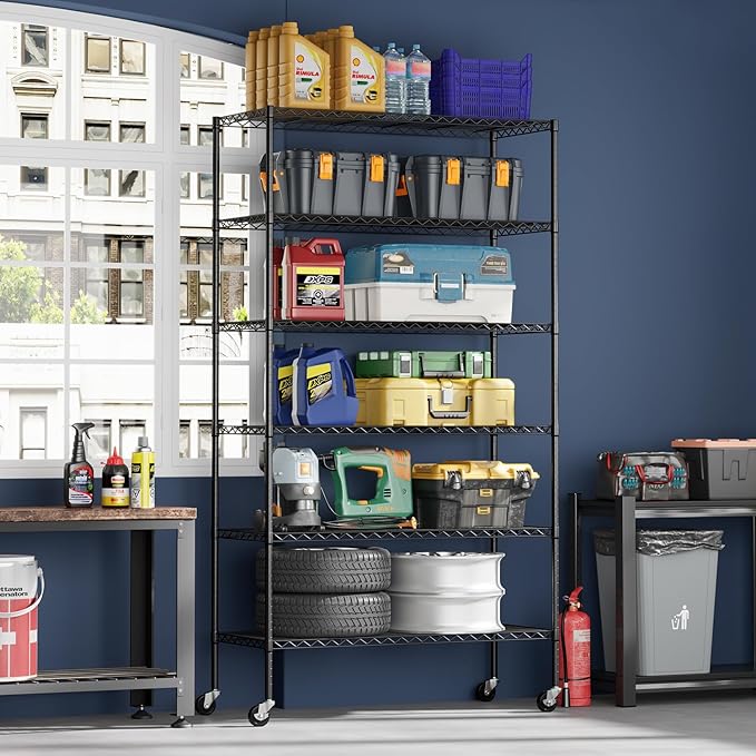 FDW | 6-Tier Wire Storage Shelves with Wheels | 45"x18"x82" | Black | Adjustable Racks | Heavy-Duty Metal Shelf, Holds Upto 2100 lbs | Tool-Free Assembly, Rust-Resistant | for Home & Garage Shelving