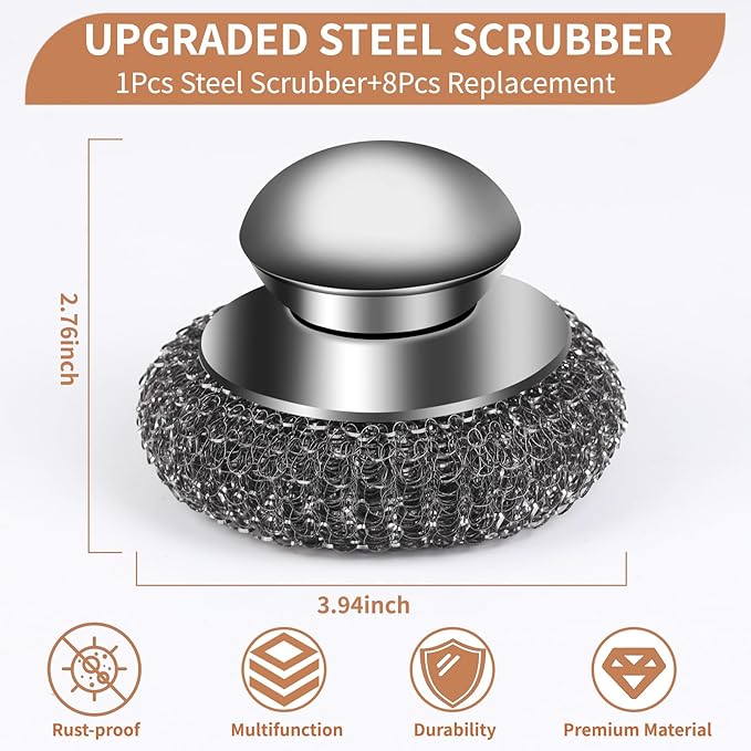 9Pcs Steel Wool Scrubber with Replacement Wire Sponge Pads Set, Stainless Steel Scrubber with Handle for Scouring Messes from Cast Iron, Frying pan, Pots, Pans, Grill, Stoves, Sink(1 Scrubber+8 Pads)
