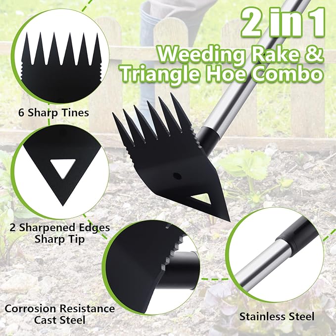 Weed Puller Tool with Long Handle, Hoe Garden Tool Weeding Rake Combo for Uprooting, Garden Hoe, Weed Remover Manual Hand Weeder for Yard Flower Bed