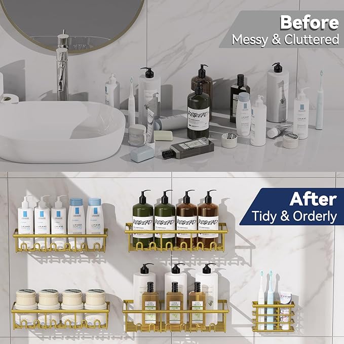 8 Pack Adhesive Rustproof Shower Caddy with Soap Dishes, Toothbrush Holder & Hooks, Large Capacity No-Drilling Shower Shelves Rack for Bathroom Organizers and Storage Accessories, Gold