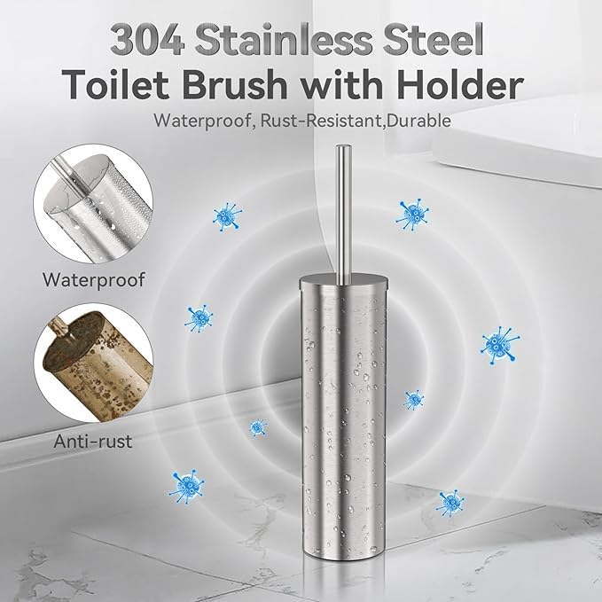 DOWRY Stainless Steel Toilet Bowl Brush and Holder for Bathroom, Deep Cleaning Toilet Brush and Holder Set with Long Handle, Hidden Toilet Bowl Brush with 2 Heads,Modern Decor Nickel Brushed Round