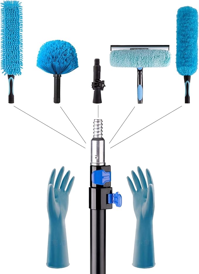 25 Foot High Reach Ceiling Fan Duster with 7-18ft Heavy Duty Extension Pole, Microfiber Feather, Cobweb Duster, Window Squeegee Kit, Cleaning Gloves