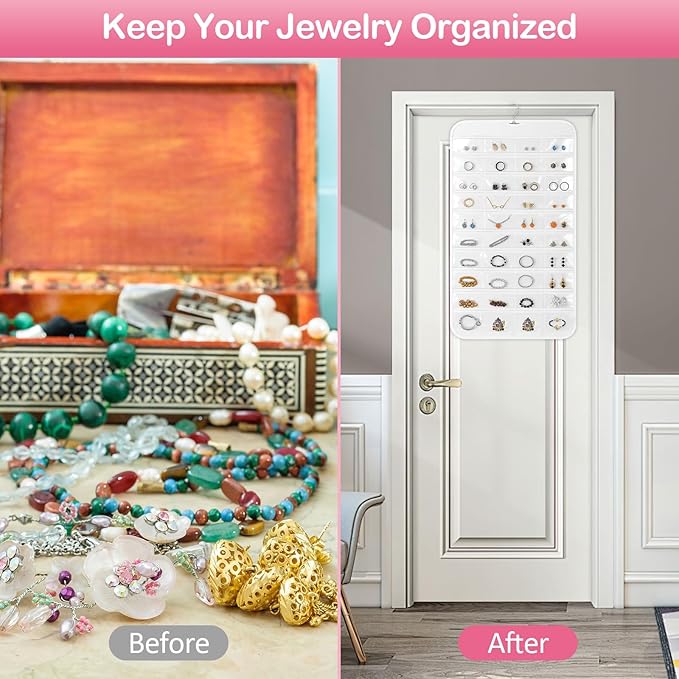 3 Pack Hanging Jewelry Organizer, 80 Clear Pockets earring organizer and storage, Accessories holder organizer for Closet, Jewelries, Necklace, Travel