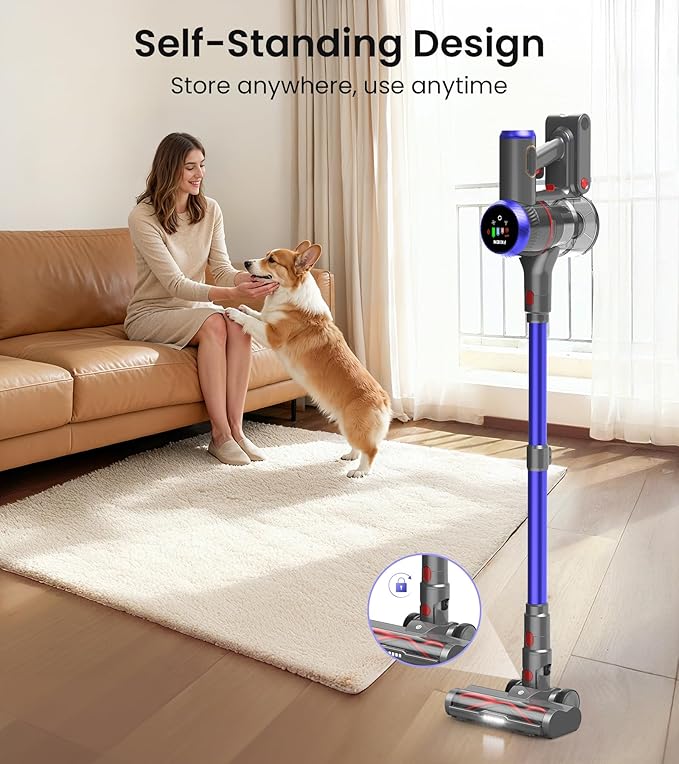 FKIEN Cordless Vacuum Cleaner, 550W 45kPa 65Mins Vacuum Cleaners for Home with LED Display, Self-Standing Stick Vacuum with Anti-Tangle Brush, Rechargeable Vacuum Cordless for Pet Hair/Carpet/Floor