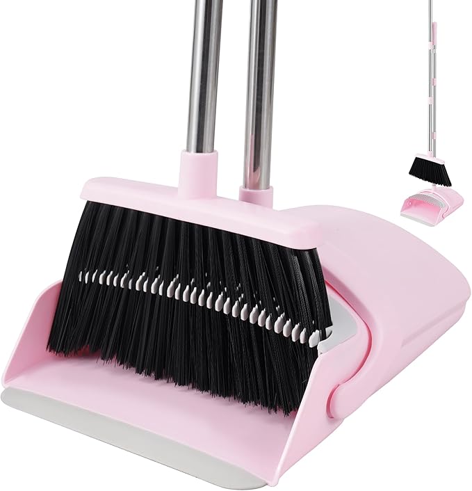 Broom and Dustpan Set House Brooms for Sweeping Indoor Collapsible Broom and Dust Pan Combo for Home Office Kitchen Lobby Floor Pet Hair (Pink)