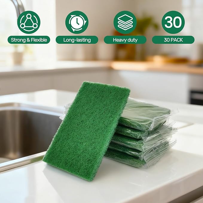 Heavy Duty Scouring Pads, 30 Pcs Individually Wrapped Dish Scrubber Pads for Household Kitchen Pots Pans Metal Grill (4.3 x 2.7 x 0.3 in)
