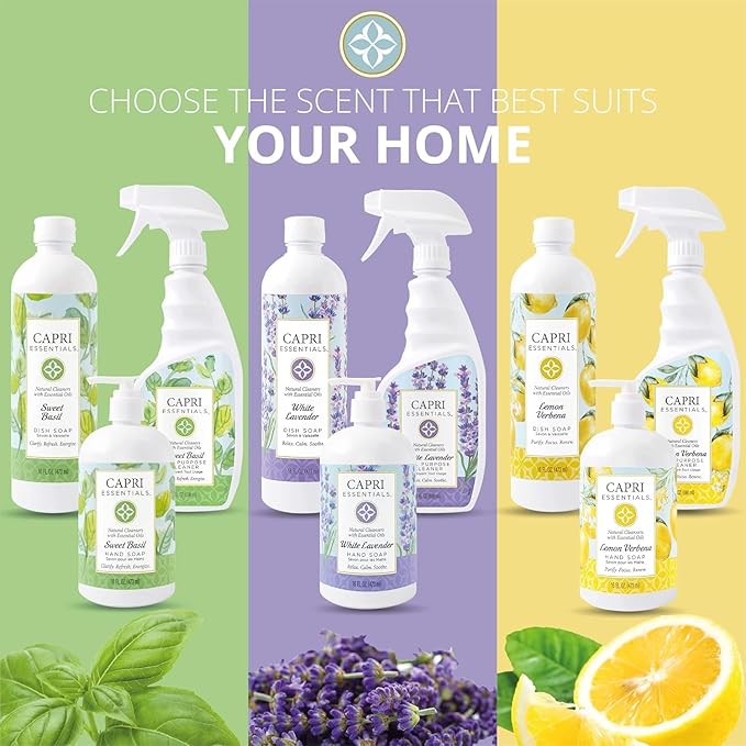 CAPRI ESSENTIALS Dish Soap Liquid, Natural Household Cleaning, Plant Based Aromatic Dish Detergent, Blend of Essential Oils with Tea Tree, Rosemary & Cedarwood, Lemon Verbena, 16 FL Oz (3 Pack)