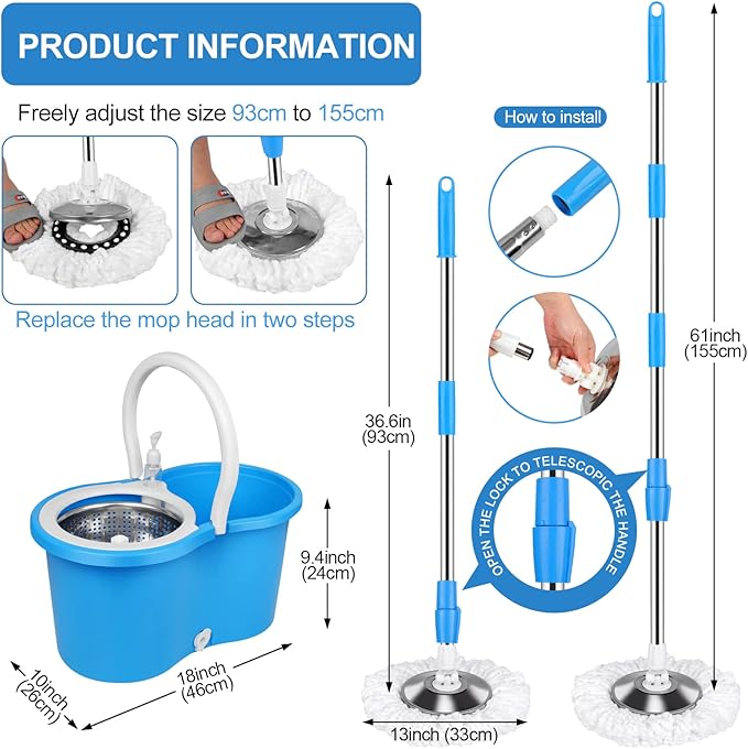 Mop and Bucket with Wringer Set, Separate Dirty Water with 3 Microfiber Replacement Mop Head Refills, 61" Stainless Steel Adjustable Handle for Floor Cleaning, (Mop Bucket 20QT)