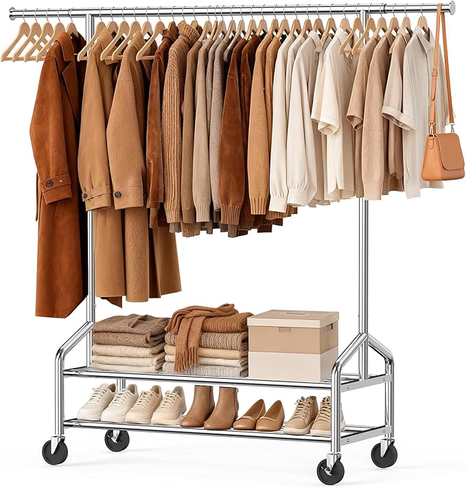 Heavy Duty Clothes Rack, Rolling Clothing Rack for Hanging Clothes Load 650 LBS with 2 Sturdy Shelves, Metal Garment Rack with Wheels for Bedroom, Laundry Room, Retail Store, Silver