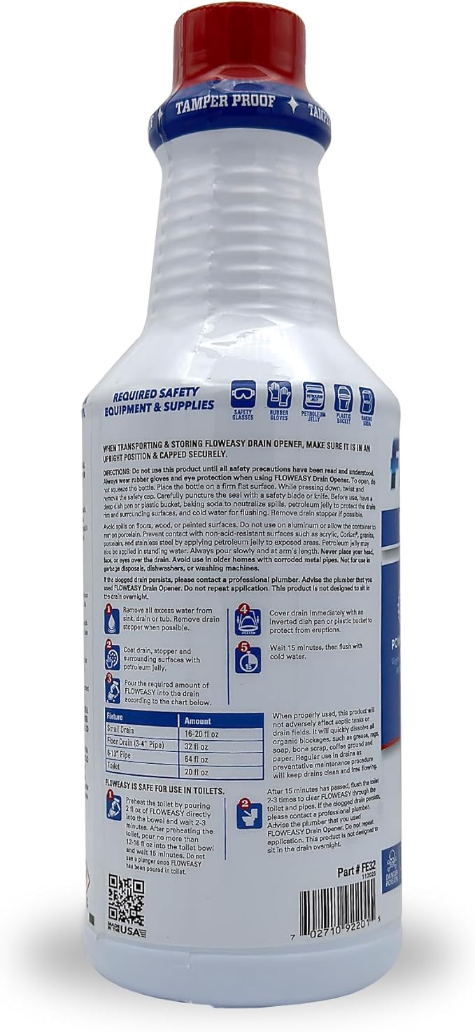 Flow-Easy Professional Virgin Sulfuric Acid Drain Opener – 6 Pack (32oz Bottles) – Fast-Acting Liquid Clog Remover for Grease, Hair, & Soap Scum – Septic Safe & Industrial Strength
