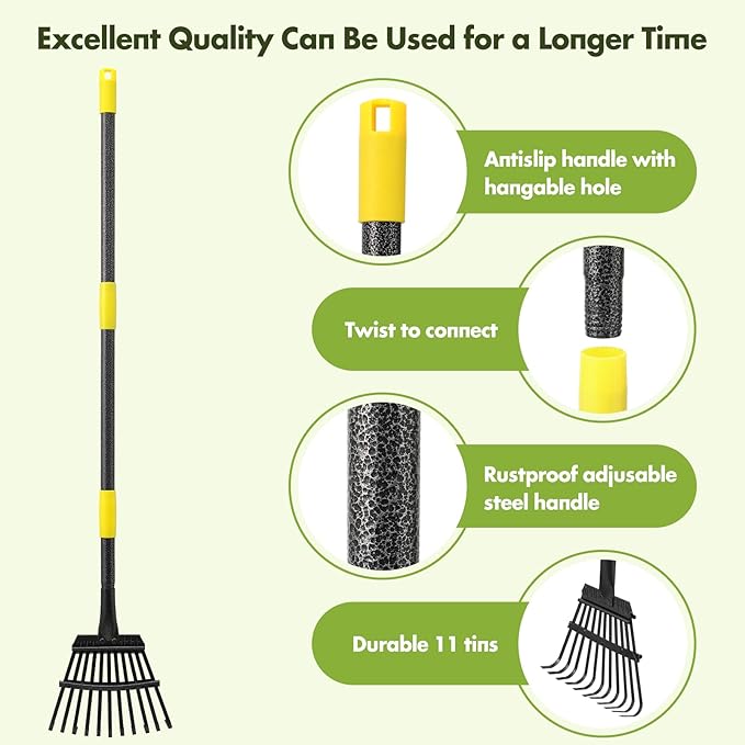 INFLATION Garden Rake for Leaves Sturdy Metal Small Yard Leaf Rakes for Lawns 60” Length 8.5 Inch Width 11 Tines for Women Men Kids Lightweight with Non-Slip Comfortable Smooth Long Handle