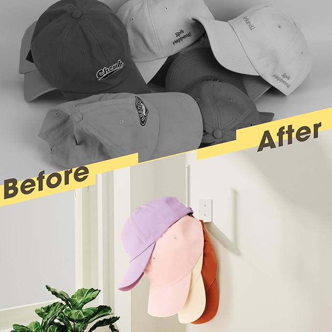 Durmmur 6 Pack Hat Racks for Baseball Caps, Stainless Steel Hat Organizer for Baseball Cap, Hat Holder Storage Organizer, Hat Hanger Strong Adhesive/Wall Drilled for Door, Bedroom, Closet(White 6 in)