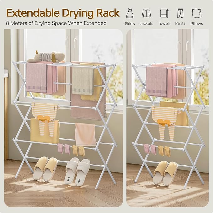 KINGBOARD Clothes Drying Rack, Collapsible Drying Rack Clothing with 11 Poles, 3-Tier Laundry Drying Rack, Small Clothes Drying Rack Foldable for Baby Clothes Sock Towel, 25lb Capacity, White & Grey