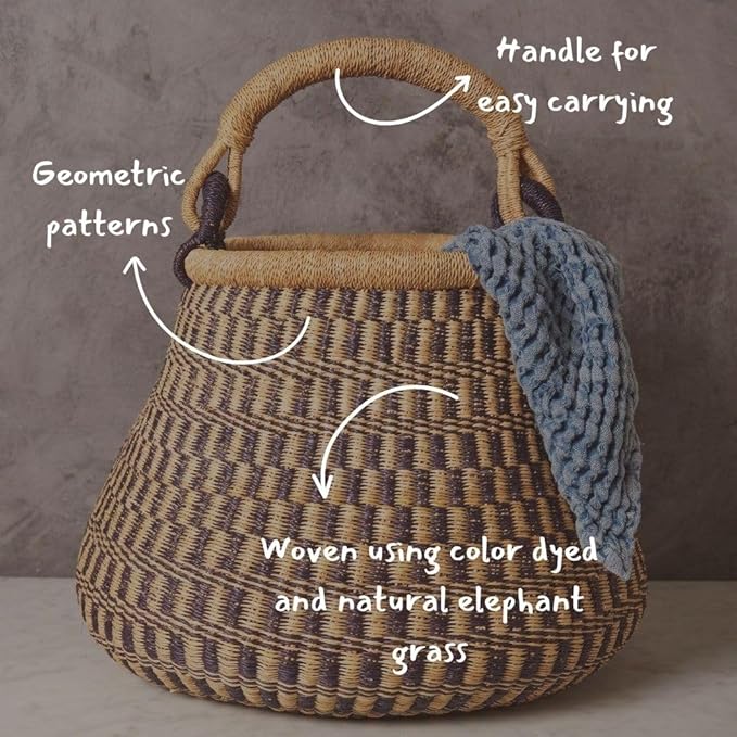 Home & Kitchen Decor, Wicker Basket, Picnic Basket, Living Room Basket, Organizing, Harvesting, Foraging, Fruit Storage, Hand Woven, Pot Shape, 16" Wide, Boho - Natural Navy
