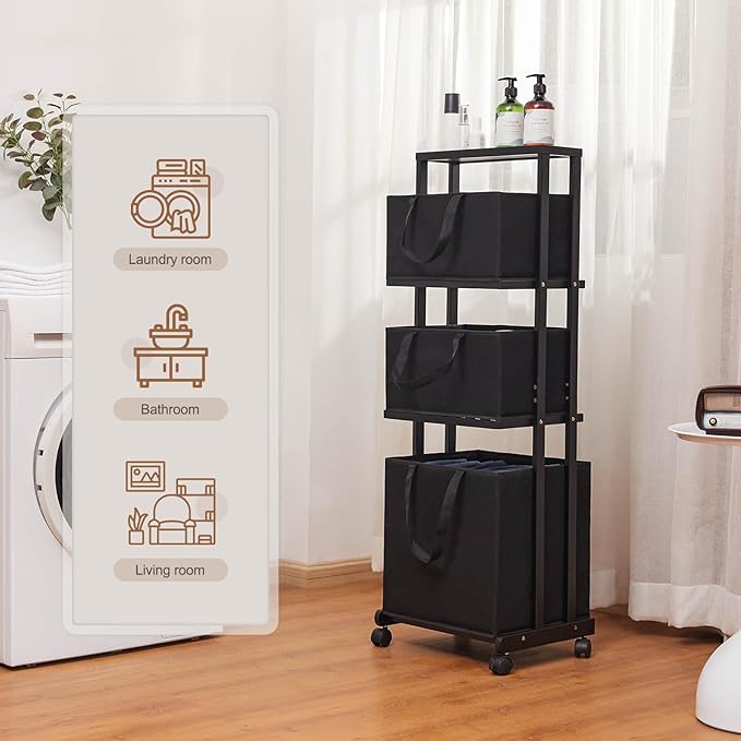 Homde Laundry Basket 3 Tier Bamboo Storage Shelf with Wheels Removable Storage Basket with Handle Freestanding Clothes Hamper Organizer for Bathroom Living Room Bedroom (Black)