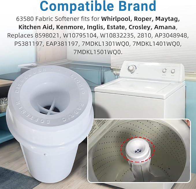 63580 Washer Fabric Softener Dispenser Fits for Whirlpool Roper Maytag Kitchen Aid Kenmore Amana 8598021 Softener Dispenser Replaces W10795104 W10832235 2810 AP3048948 PS381197 EAP381197