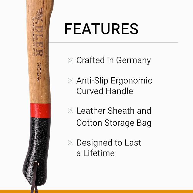 Adler Yankee Hatchet - German made with a 15 inch handle coated in anti-slip black grip paint - 1.5 pound head weight. Spanish leather sheath and cotton storage bag included