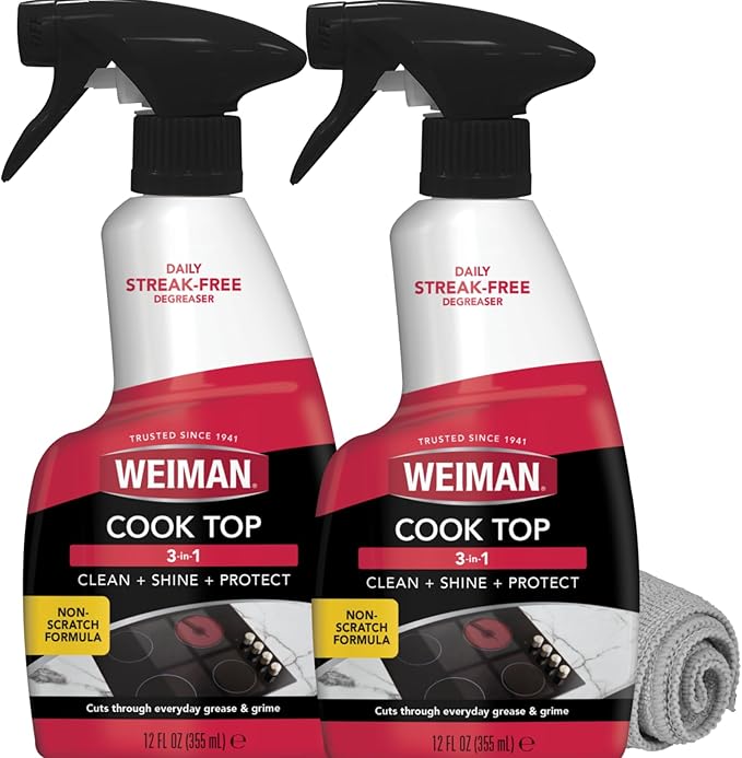 Weiman 2-Pack Cooktop Cleaning Spray & Microfiber Cloth – Cooktop & Oven Cleaner for Streak & Residue Free - Non-Abrasive Degreaser Safe for Glass & Ceramic