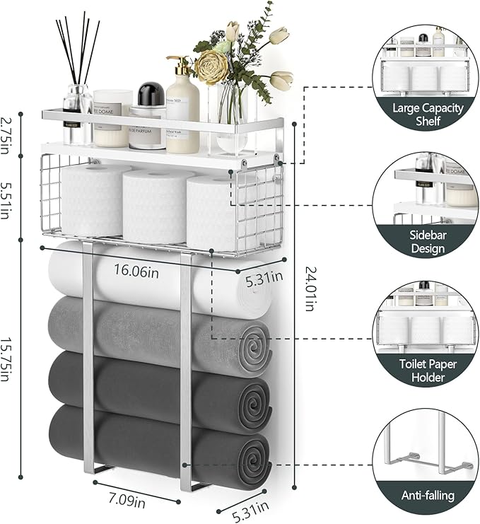 Towel Racks for Bathroom, Bathroom Shelf Over Toilet,Floating Shelves with Towel Rack Paper Holder Storage Basket,Floating Shelves for Wall Decor,Silver