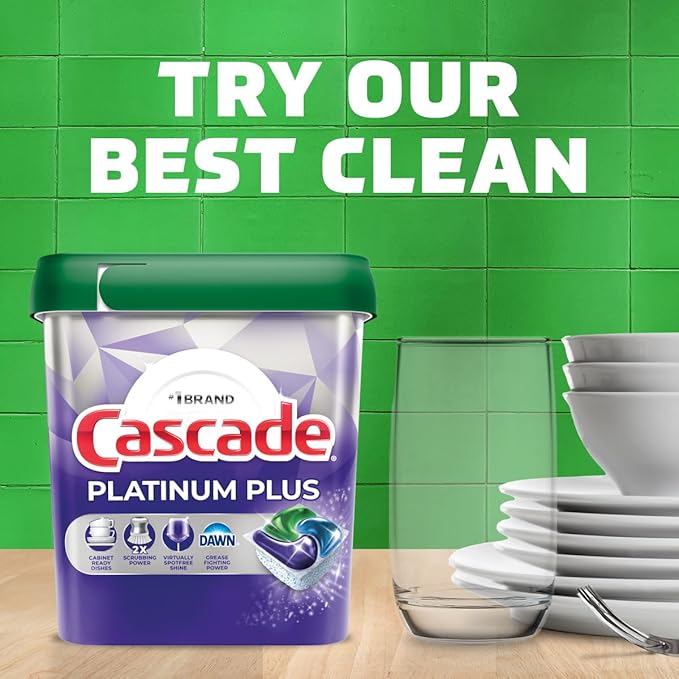 Cascade Platinum Plus Dishwasher Pods, Dishwasher Detergent, Dishwasher Soap, Dish Tabs, Dishwashing Tablets, Dish Detergent, Lemon, Actionpacs, 62 Count