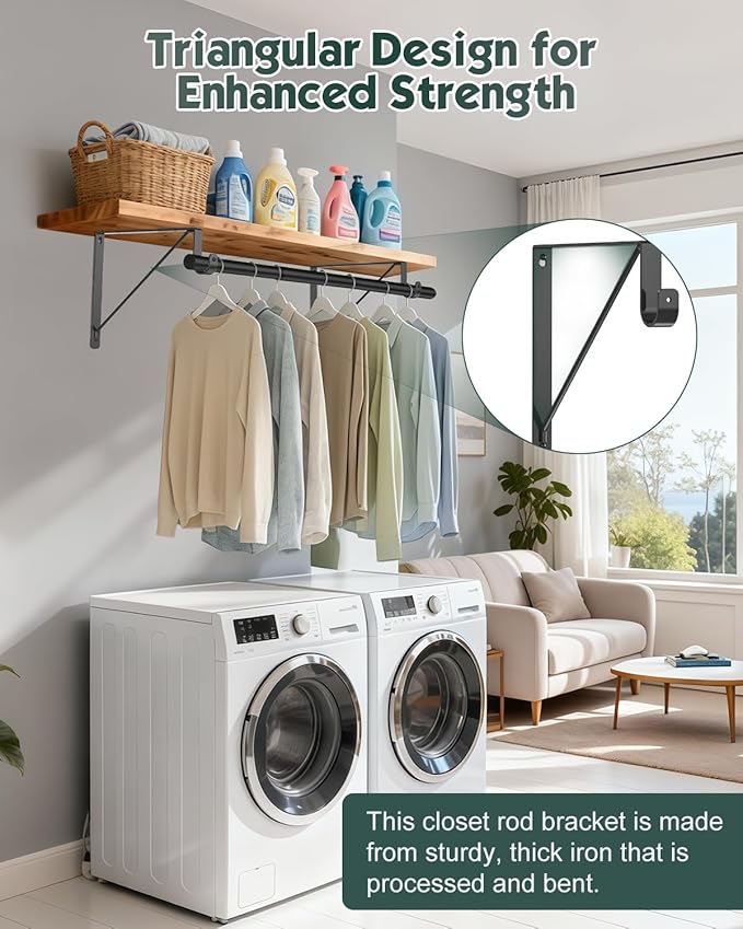 Supforce 6 Pack Closet Rod Bracket, Heavy Duty Closet Rod Support with Rod Holder, Wall Mounted Closet Shelf Brackets with Triangle Stabilizing Design for Closet, Bathroom and Kitchen, Black