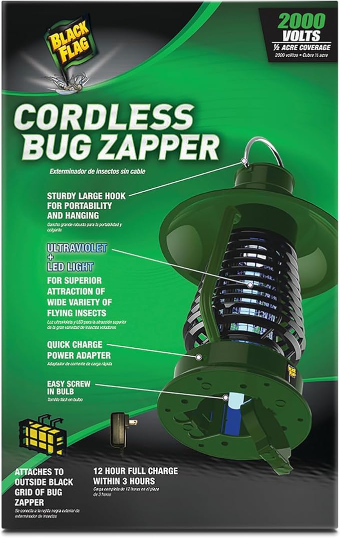 Black Flag 2000v Bug Zapper Lantern | Rechargeable Indoor/Outdoor Fly Zapper | 12-Hour Electric UV Pest Control (Green)
