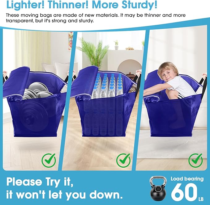 BlissTotes 10 Pack Moving Bags with Clear Window, Storage Bags with Strong Carrying Handles & Zippers,Large Packing Bags for Saving Space, Alternative to Moving Boxes(Blue,20 Gallon)