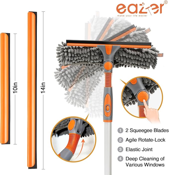 Eazer 65'' Squeegee Window Cleaner 2 in 1 Rotatable Window Cleaning Tool Kit with Telescopic Pole, Window Washing Equipment with Bendable Head for Indoor/Outdoor Window and Car Glass