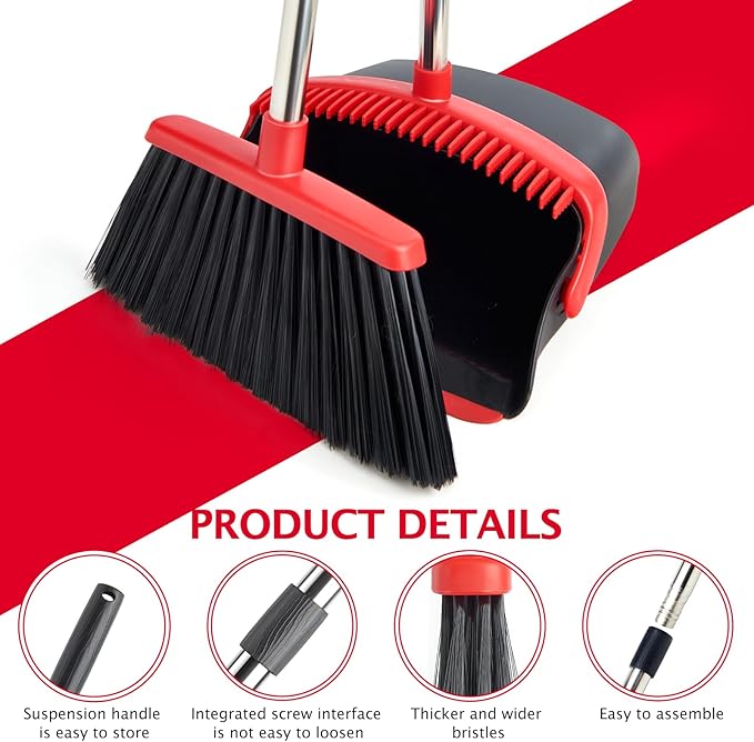 Broom and Dustpan Set with Long Handle, Heavy Dust Broom and Dustpan Combo for Home，Kitchen, Office, Pet Hair (Black Red)