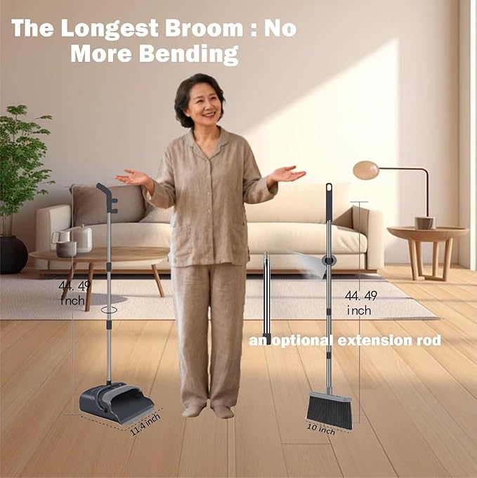 Stand-Up Broom Dustpan Combo - Long Handle with 3 Rows Dense Bristles for Multi-Scene Home/Office/Kitchen/Lobby/Shop, Indoor & Outdoor Cleaning (Black & Gray)