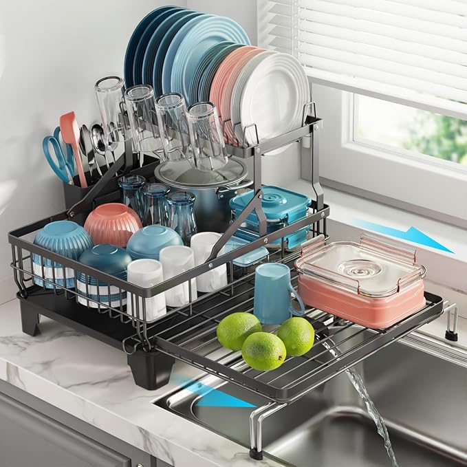 iSPECLE 2 Tier Dish Drying Rack for Kitchen Counter, Expandable Large Dish Drainer with Drainboard Set, Rust Resistant Dish Rack with Utensil & Cup Holder, 16.9" W x 14.4"-22.4" L, Black
