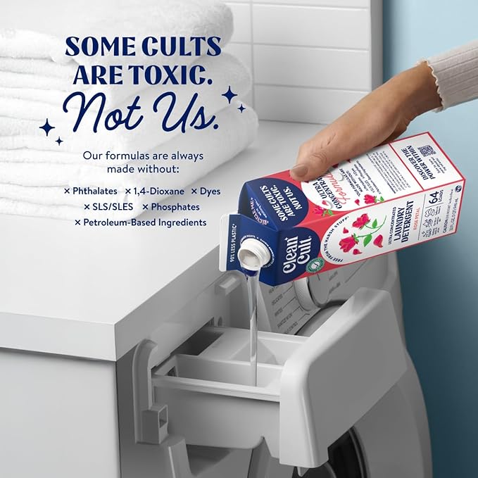 Cleancult Ultra Concentrated Liquid Laundry Detergent, 192 loads (96 oz), Long Lasting Scent, 90% Less Plastic, No Harsh Chemicals, Rose Petal, Defeats Stains & Odors, HE/Standard Compatible