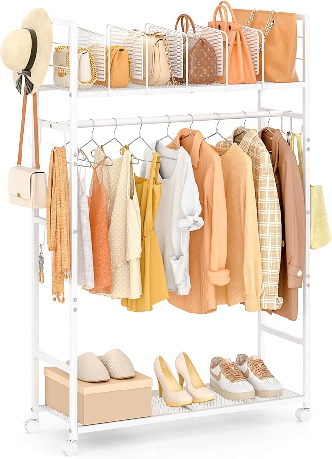 Portable Clothes Rack with Adjustable Shelf Divider, Freestanding Closet Organizers and Storage, Garment Rack and Purse Storage with 8 Hooks, Clothes Organizer on Wheels for Hanging Clothes, White