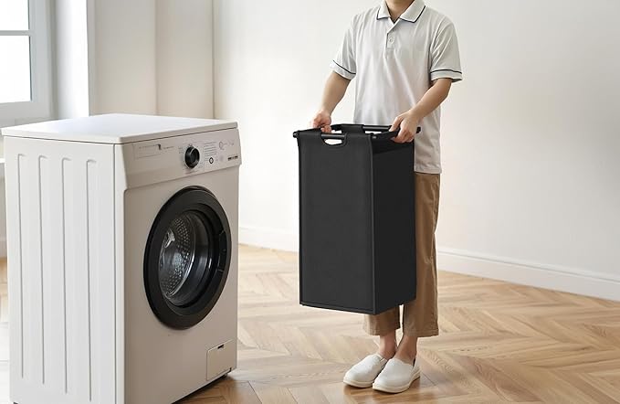 Herture Laundry Hamper with Shelf, Laundry Basket 3 Section, Laundry Sorter with Pull-Out Removable Large Bags and Movable Wheels, Metal Frame, 3 x 15.87 Gallons (60L), Rustic Brown + Black PF04XLY