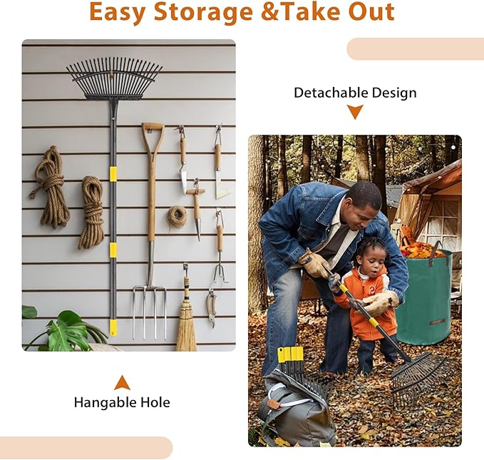 Rake for Leaves: Large 18" Wide Metal Leaf Rake, 65” Long Handle,25 Tines,Heavy Duty Graden Rakes Set for Lawn Yard Pine Needles Mulch Thatch Debris Cleanup Set with 32Gallon Leaf Bags and Scoops