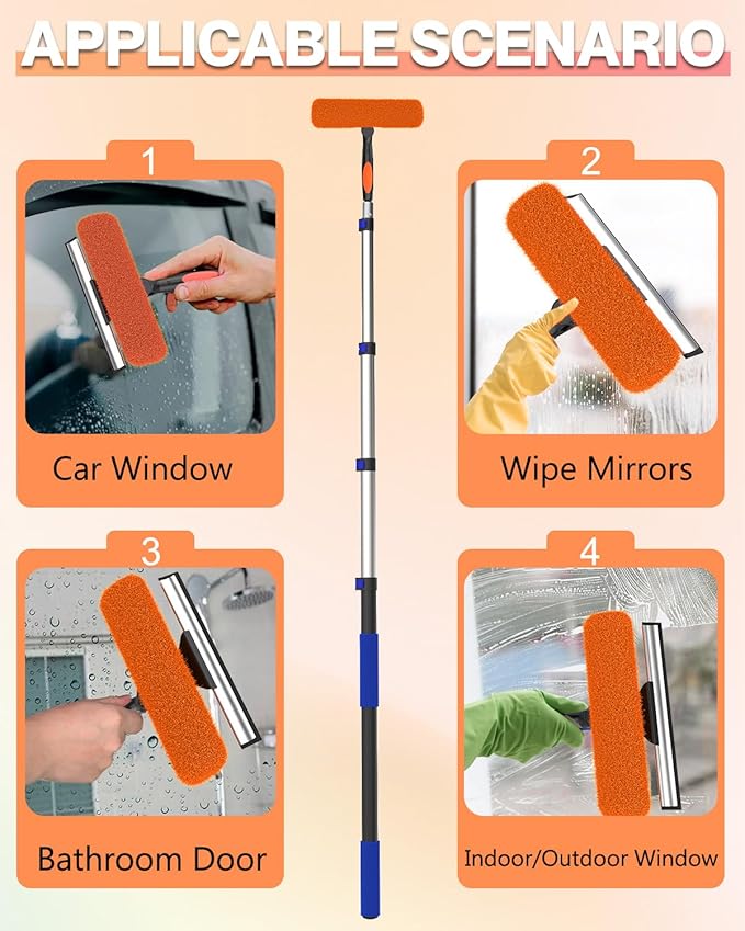26FT Reach Window Squeegee for Window Cleaning Kit with 5-19 Foot Telescoping Extension Pole, 2 in 1 Window Squeegee, Cobweb Duster, Dust Kit Window Washing Kit for Car, Shower Glass Door