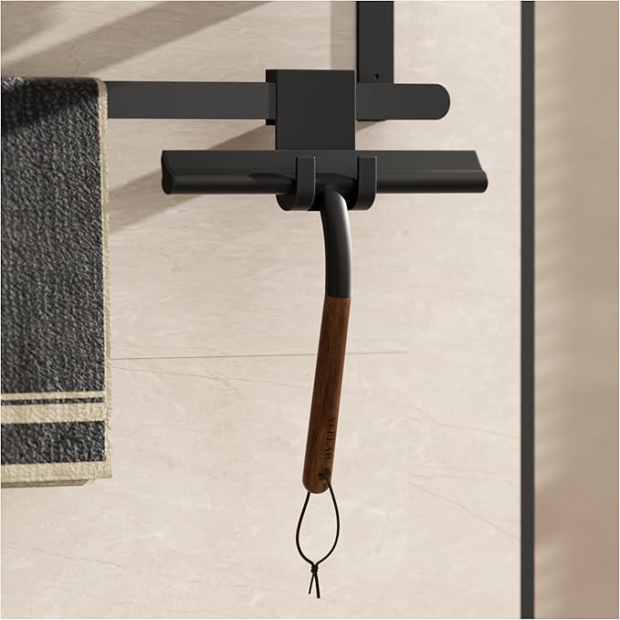 Shower Squeegee for Shower Glass, Bathroom Glass Cleaning Tool with Hook Mount, Squeegee for Glass Doors, Window Cleaning, Tile Shower Walls (Black+Wood)