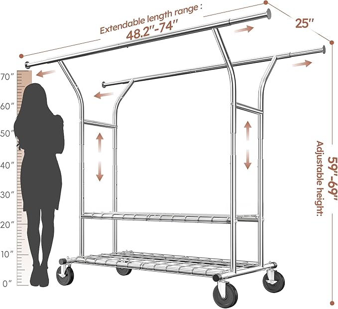 Raybee Clothing Rack Load 630 LBS, Clothes Racks for Hanging Clothes, Rolling Heavy Duty Clothing Rack, Metal Garment Rack for Clothes Storage Bedroom Closet Laundry Room