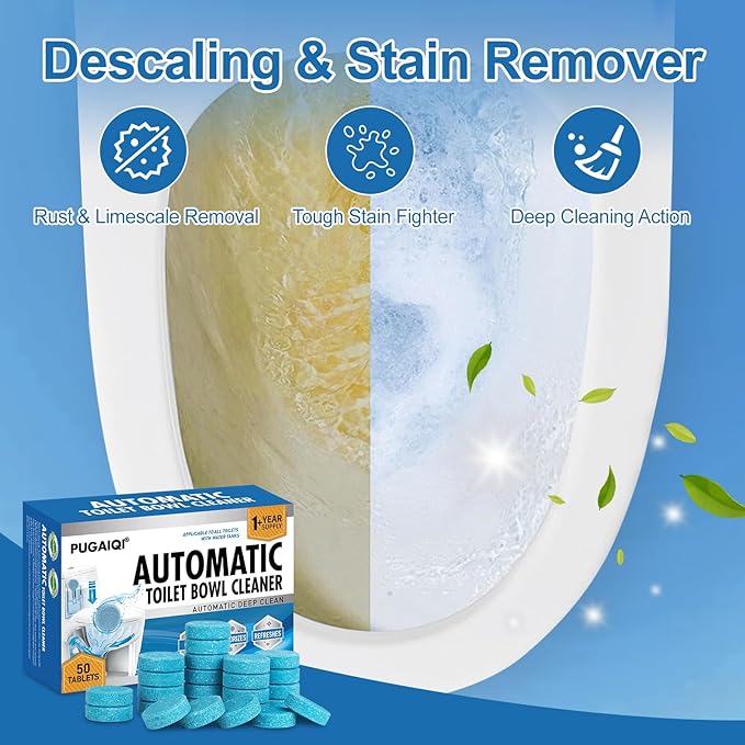 Toilet Bowl Cleaner Tablets Blue Toilet Tank Cleaners, Septic-Safe Hard Water Stain Remove, Effervescent Stain & Odor Remover Bathroom， Automatic Toilet Cleaning & Deodorizer 50 TabsTTDS