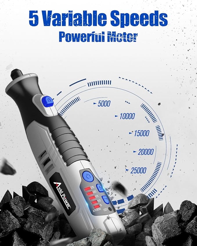 AVID POWER Cordless Rotary Tool 2.0 Ah 8V Rechargeable Rotary Tool, 4 Front LED Lights, 5 Speeds, 60 Pcs Rotary Accessories with Bag for Carving, Engraving, Sandng, Polishing and Cutting - Grey