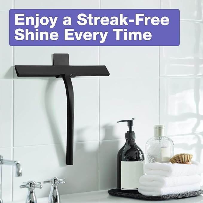 Kincmax All-Purpose Shower Squeegee - Stainless Steel Silicone Bath Squeegee for Glass Doors - Window and Door Squeegee With Hook - Bathroom Kitchen - Medium Black