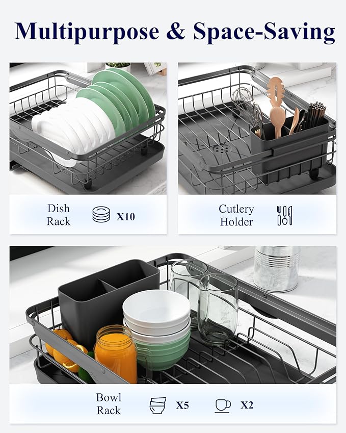 Kitsure Dish Drying Rack for Kitchen Counter, Stainless Steel Sink Organization and Storage Essentials with Cutlery Holder, Home and Appartment Decor, 12.2''W x 15.7''~23''L, Grey
