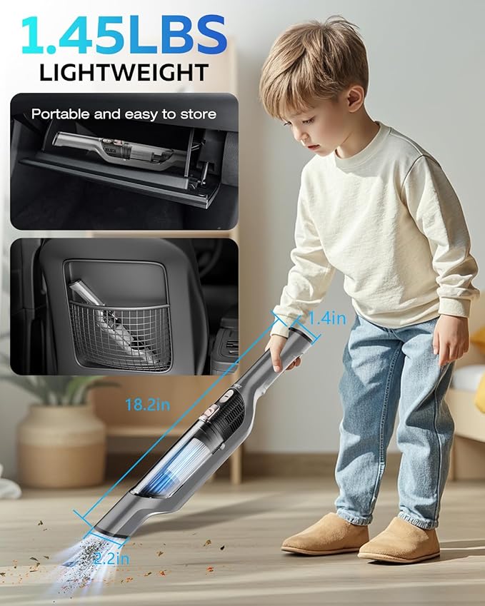 Zefiro Compact Powerful Cordless Handheld Vacuum, Rechargeable Portable Car Vacuum for Car & Pet Hair, 25000PA High Power Suction, XL Dust Cup, 2 Brushes & Filters, Long Runtime with Charger