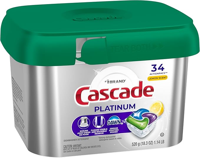 Cascade Platinum Dishwasher Pods, Dishwasher Detergent, Dish Detergent Soap, Lemon, 34 Count