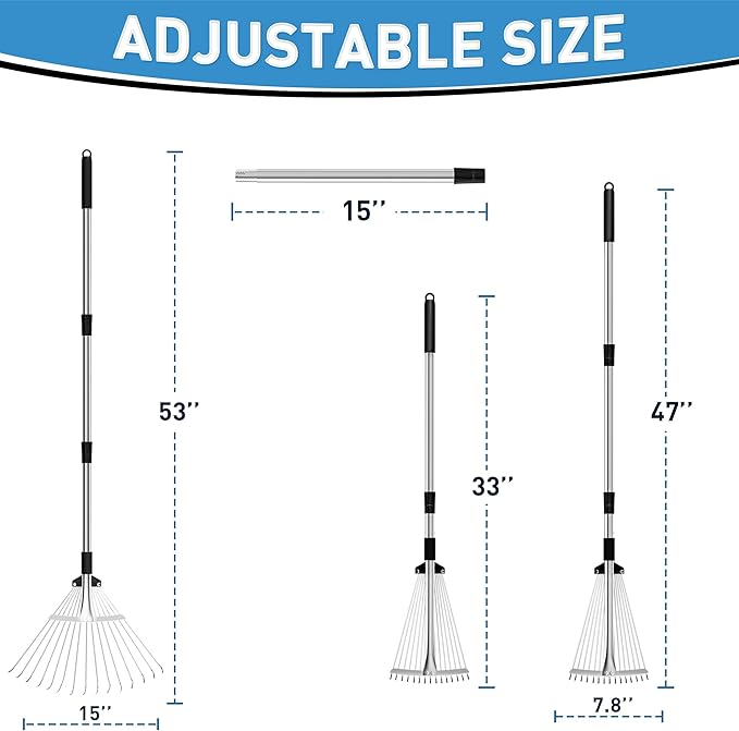 Garden Rake for Leaves, Metal Adjustable Leaf Rake for Lawns, Length 37"-53", Adjustable Expandable Head 8"-15", Garden Tools for Lawn Garden Yard Flowers Beds Bush