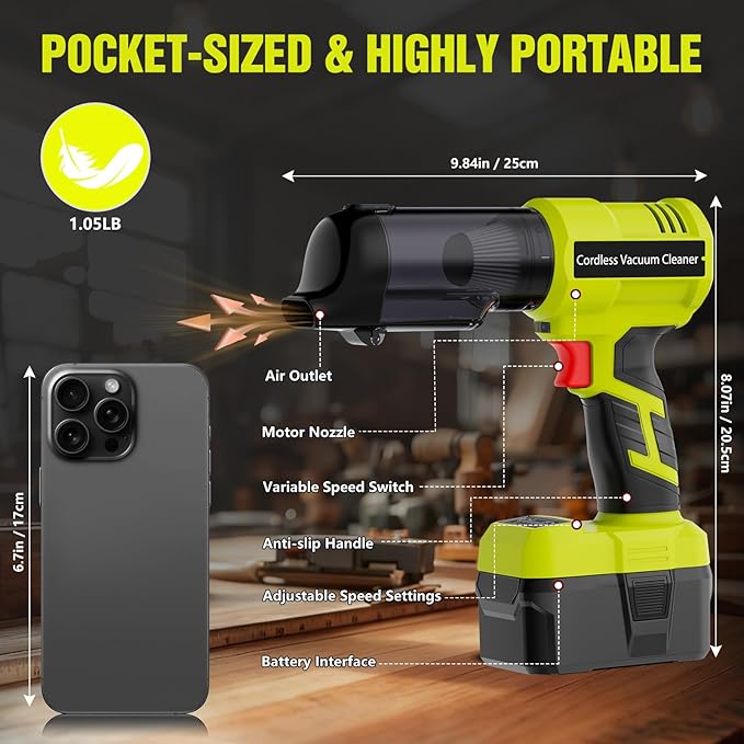 3 in 1 Handheld Vacuum Cordless Compatible with Ryobi 18V Battery, Wet&Dry Car Vacuum Portable Cordless with 22000Pa Blowing Function for Garage, Offices and Pet Messes (Tool Only)